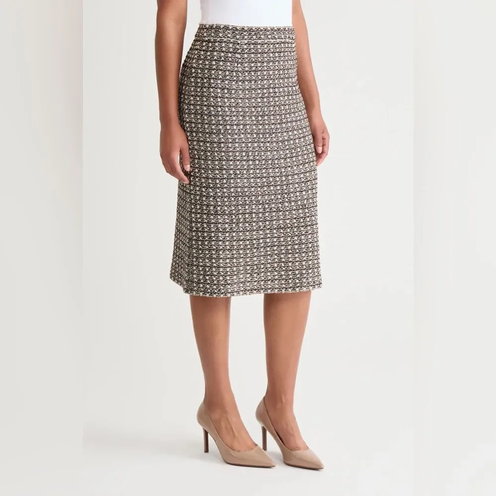 Ming Wang NWT A-Line Tweed Knit Skirt Size Large Dark Umber/Twig/Black/Ivory